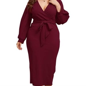Verdusa Women's Plus Size V Neck Lantern Sleeve Midi Belted Bodycon Dress